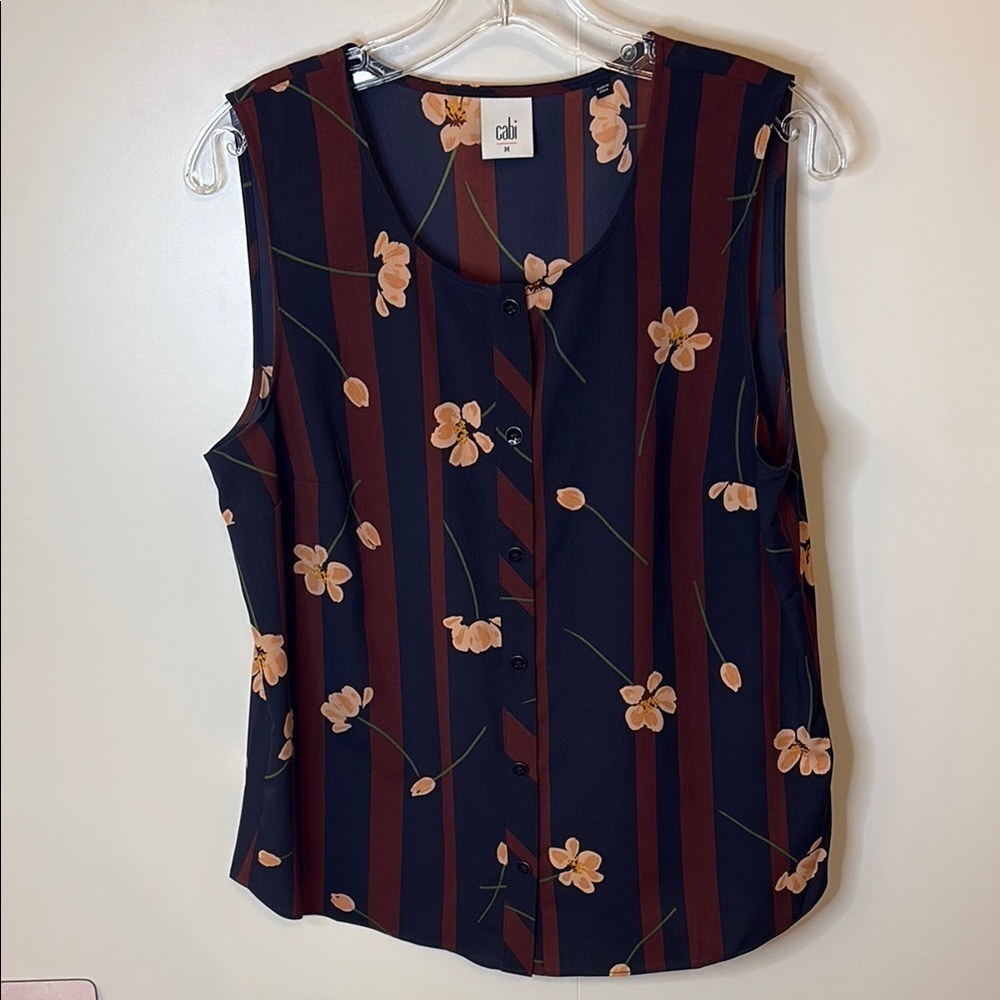 CAbi Blue and Maroon Sleeveless Buttondown Blouse